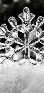 Close-up of crystal snowflakes in a winter setting on mobile wallpaper.