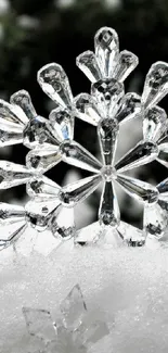 Intricate crystal snowflakes on a snowy background for mobile wallpaper.