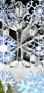 Intricate crystal snowflake wallpaper with winter theme.