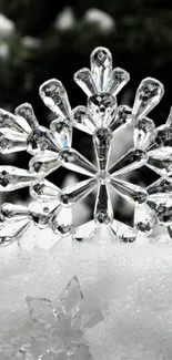 Crystal snowflake on white snow in winter setting.