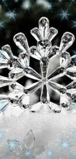 Intricate crystal snowflake mobile wallpaper with a frosty winter background.