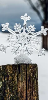 Crystal snowflake on wooden post with snowy background.