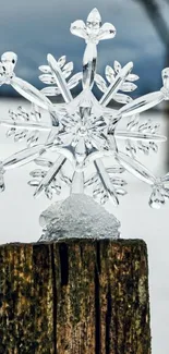 Crystal snowflake on rustic wood in winter setting.