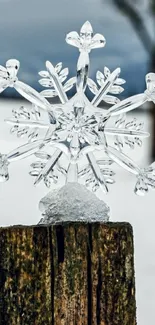 Crystal snowflake on rustic wood post in a snowy landscape.