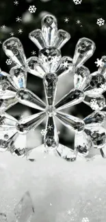 Intricate crystal snowflake on white snowy backdrop.