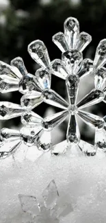 Crystal snowflake resting on snowy surface, capturing winter elegance.