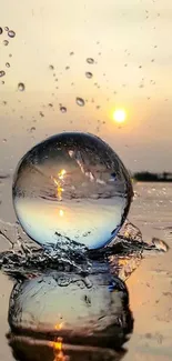 Sunset scene with a crystal sphere reflecting light over water.