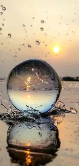 Crystal sphere reflecting a serene sunset on water.