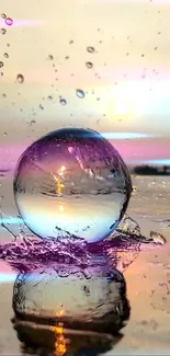 Crystal sphere in vivid sunset with shimmering colors.