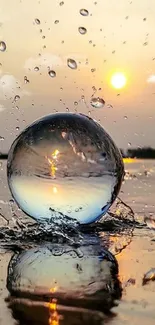 Crystal sphere reflecting a serene sunset over water with splashes.