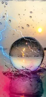 Crystal sphere reflecting sunset with lightning on mobile wallpaper.