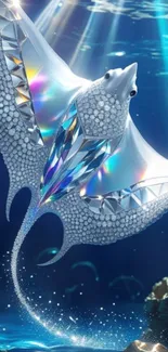 Crystal stingray with shimmering colors swimming underwater.
