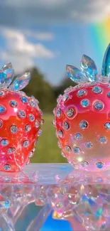 Two sparkling crystal strawberries with rainbow hues.