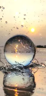 Crystal sphere reflecting sunset over water in calming wallpaper.