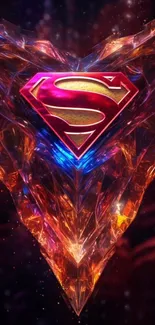 Crystal Superman emblem with orange and red hues on a dynamic wallpaper.