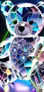 Crystal bear with neon light accents on a vibrant wallpaper.