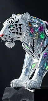 Crystal-adorned tiger statue with vibrant colors.