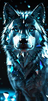 Crystal wolf with blue glow on digital wallpaper.