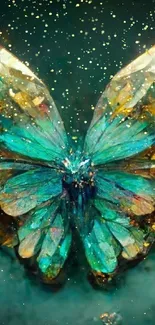 Vibrant crystalline butterfly art with teal and gold hues as mobile wallpaper.