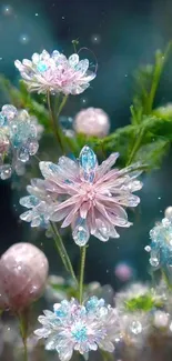 Delicate crystalline flowers in pink and blue hues with green foliage.