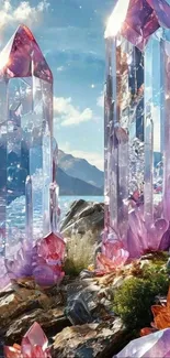 Crystalline spires in a scenic mountain setting.