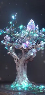 A mystical tree adorned with glowing crystals against a dark background.