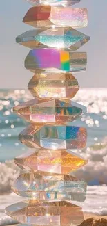 Iridescent crystals stacked by the ocean.