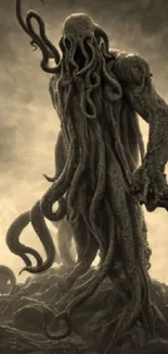 Cthulhu themed wallpaper with tentacles in sepia tones for mobile devices.