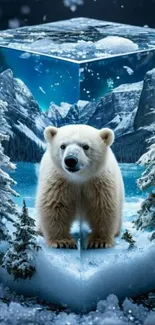 Polar bear in icy winter cube landscape.