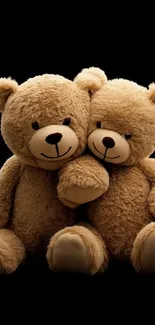 Two cuddly teddy bears hugging on a dark background.