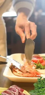 Chef preparing gourmet meal with fresh ingredients on kitchen counter.