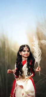 Young girl in traditional dress holding a branch in a field.