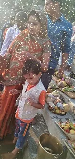 Cultural festival scene with traditional attire and offerings by the river.