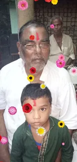 Two males in traditional attire with cultural markings.