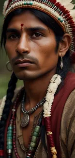 Person in traditional attire with beaded necklace.