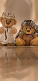 Two teddy bears in traditional attire with a beige background.