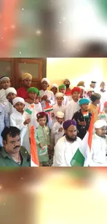 Celebration of cultural unity with diverse group holding flags.