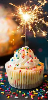 Cupcake with sparkler and sprinkles wallpaper celebrating festivities.