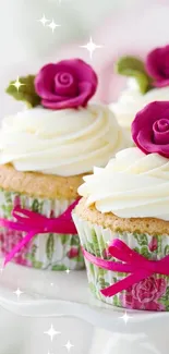 Cupcakes with pink roses and frosting on a stand.