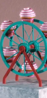 Whimsical cupcake Ferris wheel wallpaper with vibrant teal and pink colors.