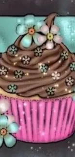 Cupcake with floral design on striped background wallpaper.