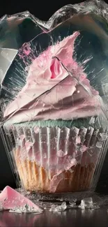 Pink cupcake encased in shattered glass art design.