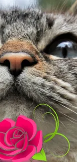 Close-up of a curious cat with a pink rose.