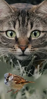 A vigilant tabby cat watches a sparrow in the grass, captured in stunning detail.