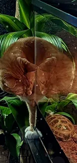 Curious cat reflecting by terrarium, surrounded by lush green leaves.