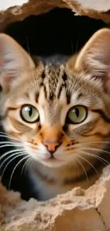 Cute tabby cat peeking through a rustic hole in wall.