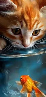 A curious kitten peering at a goldfish in a bowl.