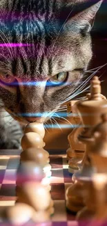 Curious cat looks at chess pieces on sunlit board.