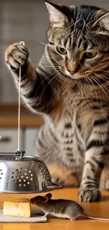 Cat interacting with a mouse trap and cheese on a table.