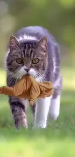 A cute cat carries a toy while walking on grass.